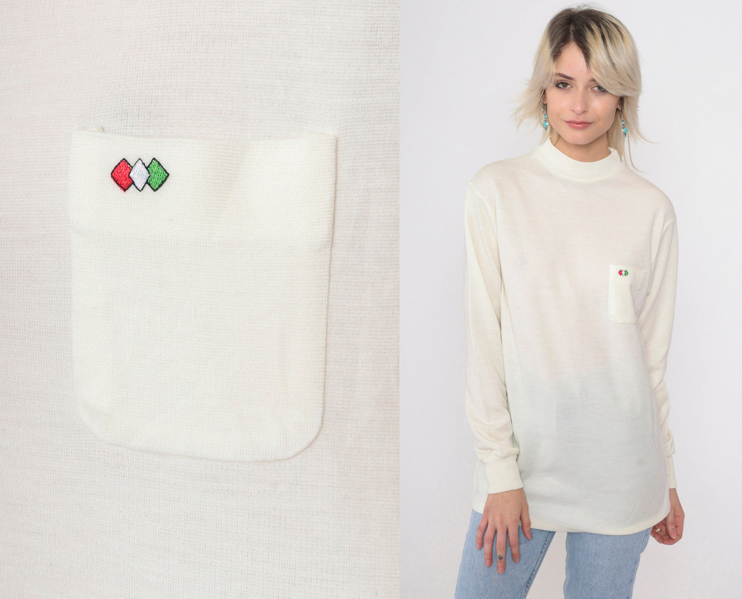 80s Mock Neck Shirt Cream Diamond Pocket Long Sleeve Top Small