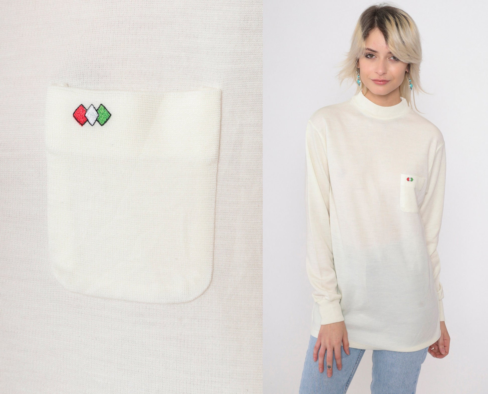 80s Mock Neck Shirt Cream Diamond Pocket Long Sleeve Top Small