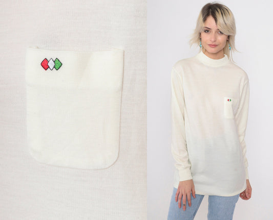 80s Mock Neck Shirt Cream Diamond Pocket Long Sleeve Top Small