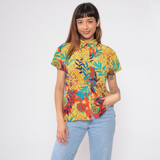 90s Mixed Print Button-Up Blouse Floral Snakeskin Mandala Yellow Orange Medium