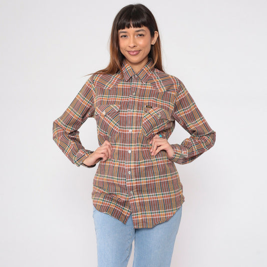 90s Lee Plaid Western Button-Up Shirt Long Sleeve Checkered Yoke Medium M