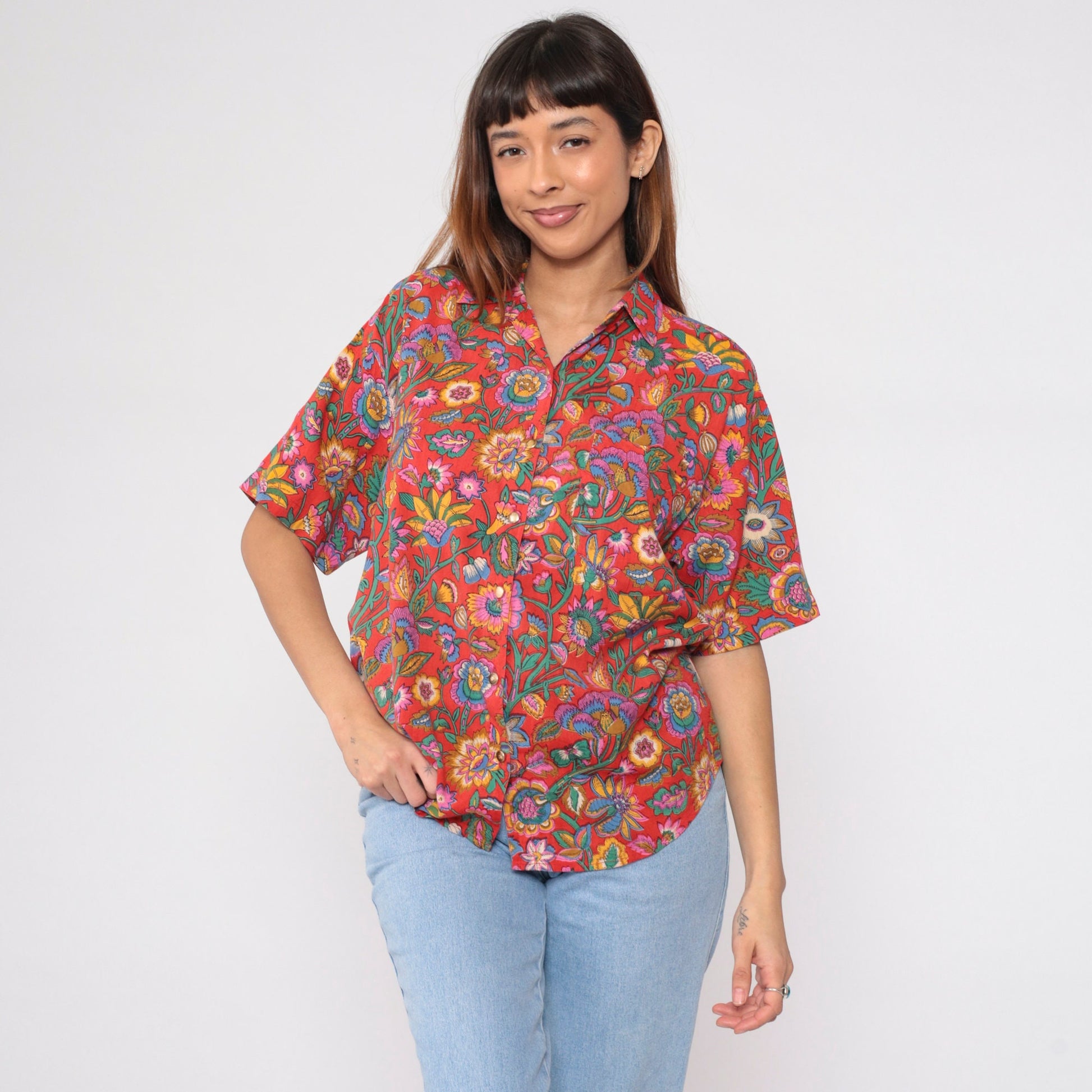 90s Indian Floral Red Button-Up Blouse Short Sleeve Cotton Rayon Medium M