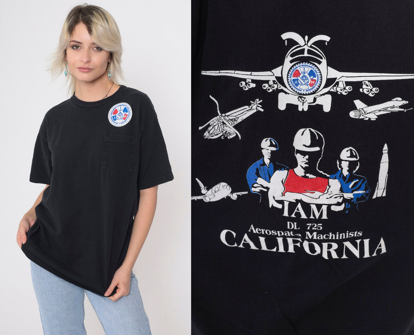 90s International Association of Machinists Aerospace Workers Graphic Tee Black Medium