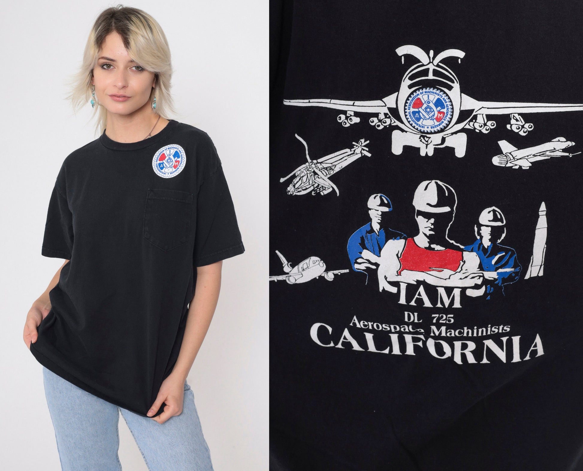 90s International Association of Machinists Aerospace Workers Graphic Tee Black Medium