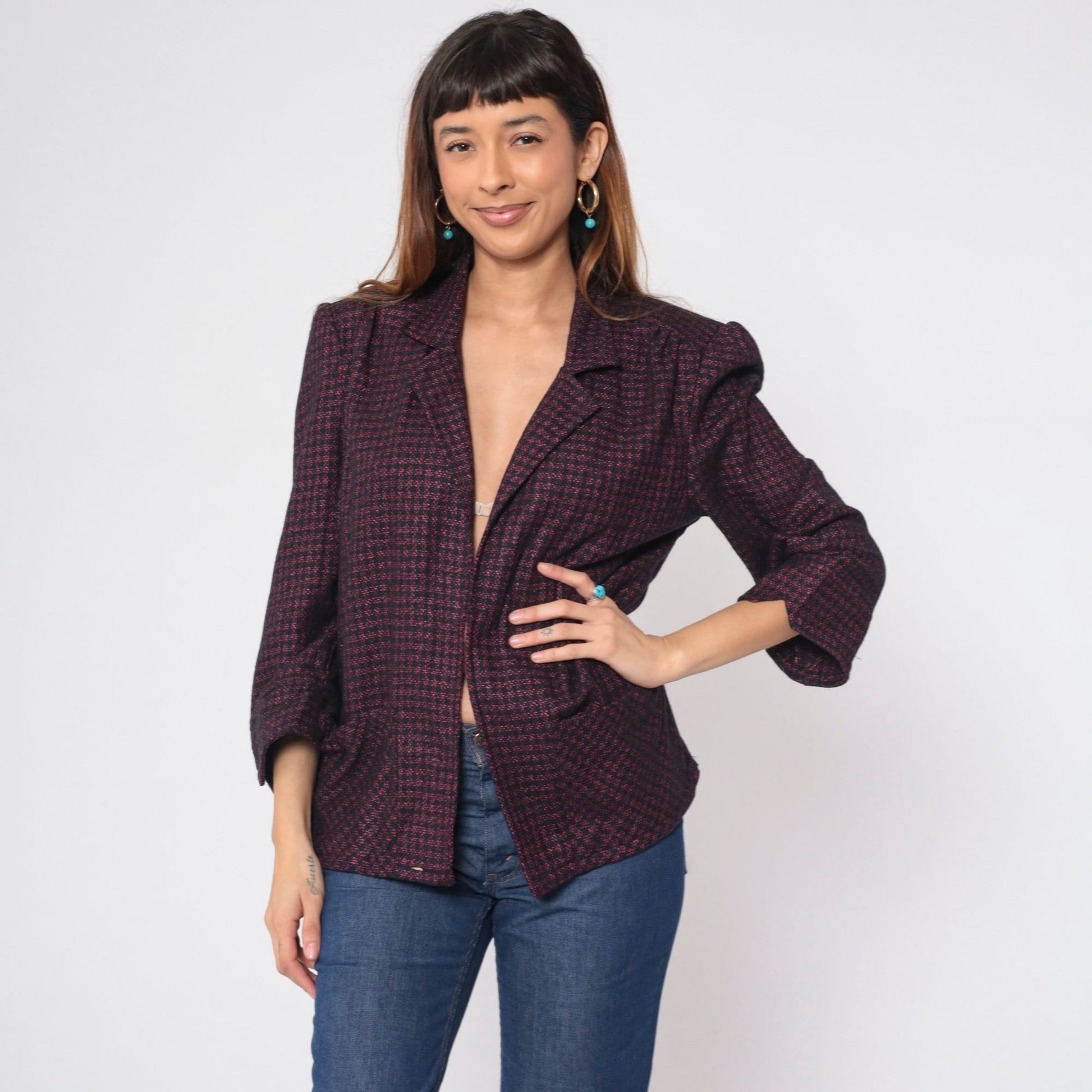 90s Metallic Checkered Blazer Pink Black Open Front Wool Blend Large L