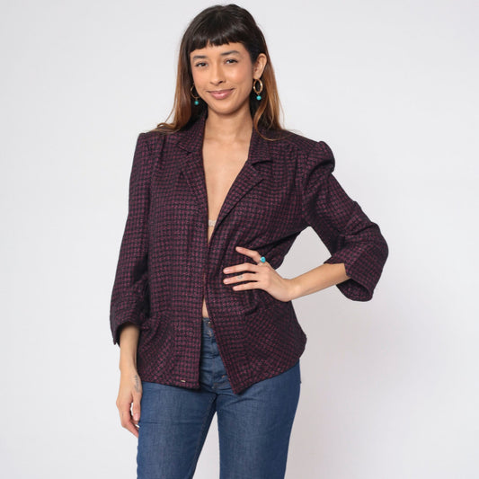 90s Metallic Checkered Blazer Pink Black Open Front Wool Blend Large L
