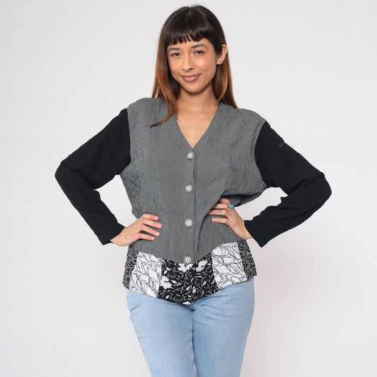 90s Aimee d Black White Checkered Floral Print Blouse V Neck Long Sleeve Small