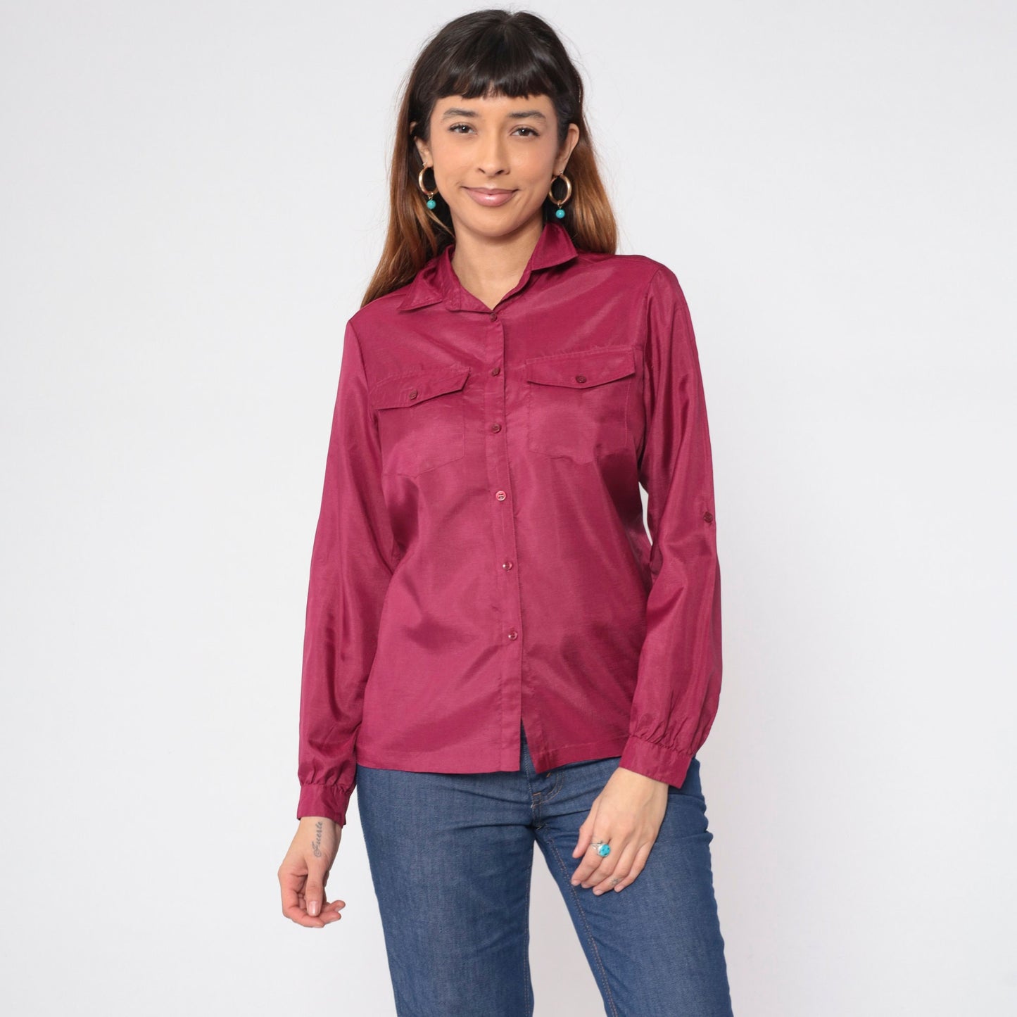 70s Berry Red Button-Up Blouse Long Sleeve Collared Shirt Chest Pockets Small S