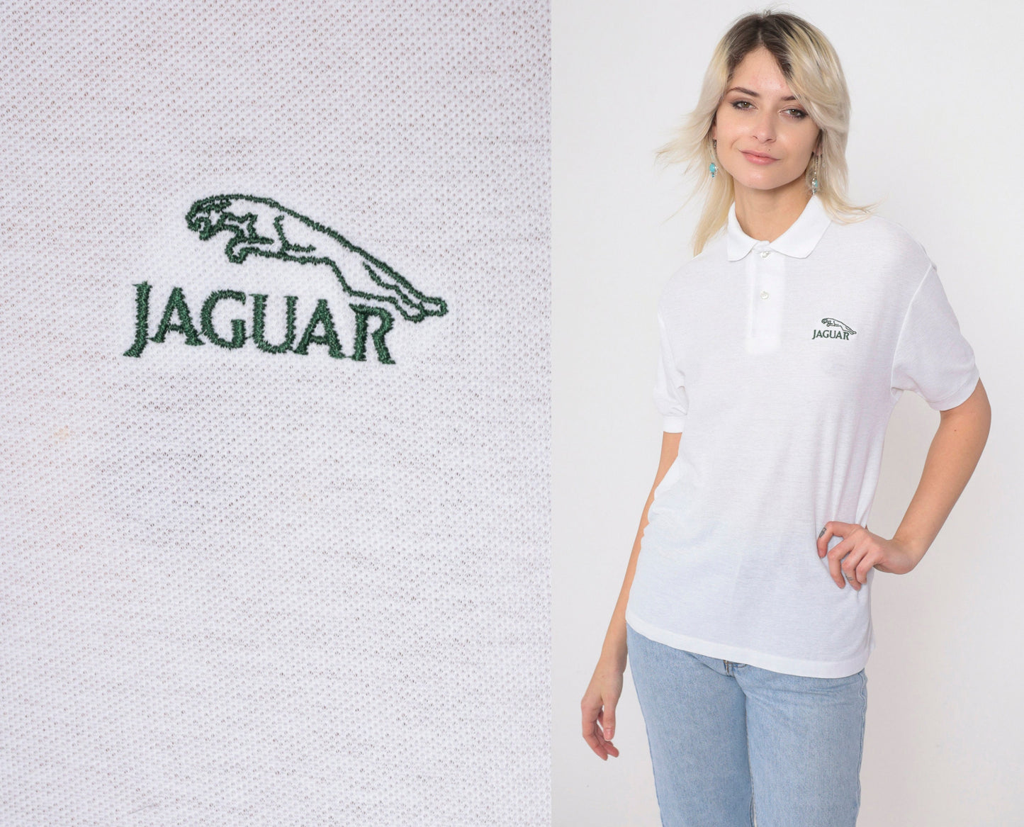 80s Jaguar Logo Polo Shirt White Cotton Graphic Button-Up Medium
