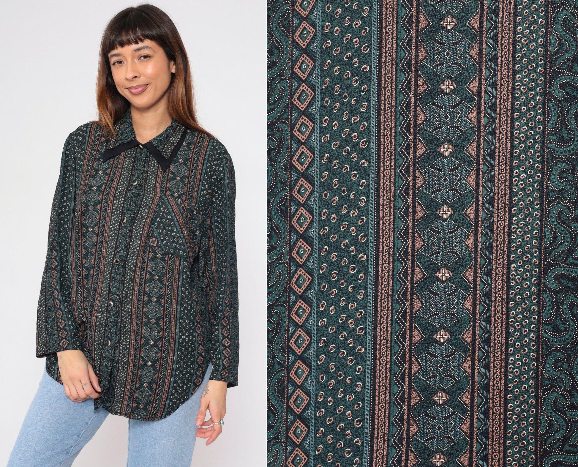 90s Striped Abstract Print Button-Up Blouse Layered Collar Long Sleeve Plus Size XXL