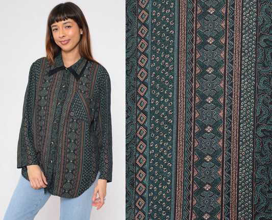 90s Striped Abstract Print Button-Up Blouse Layered Collar Long Sleeve Plus Size XXL