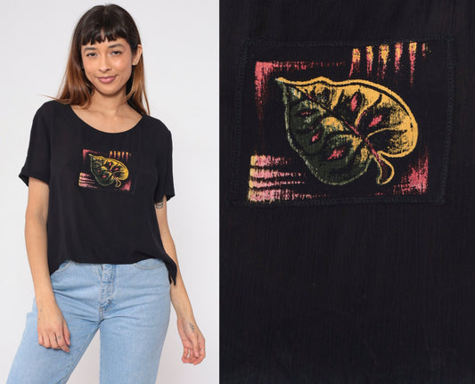 90s Black Leaf Patch Blouse Short Sleeve Button Side Slit Rayon Top Medium