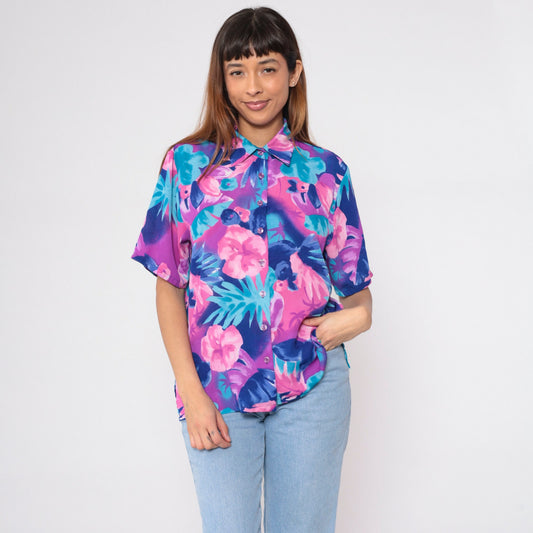 90s Bon Worth Hawaiian Floral Blouse Pink Purple Blue Short Sleeve Small