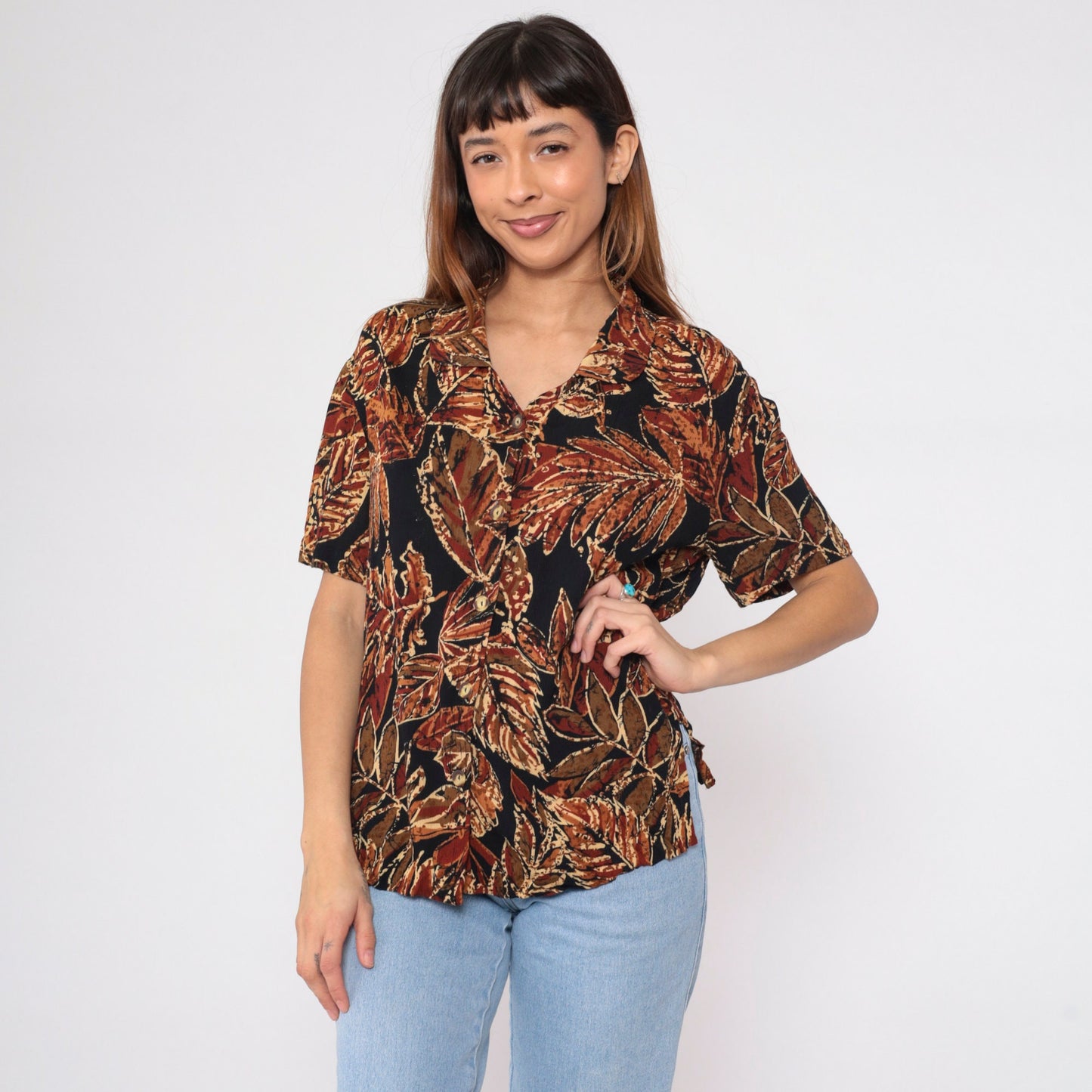 90s Tropical Leaf Button-Up Blouse Black Botanical Print Short Sleeve Medium