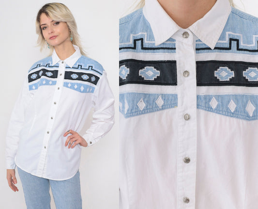 90s Adobe Rose Southwestern Embroidered Button Up Blouse White Cotton Large L