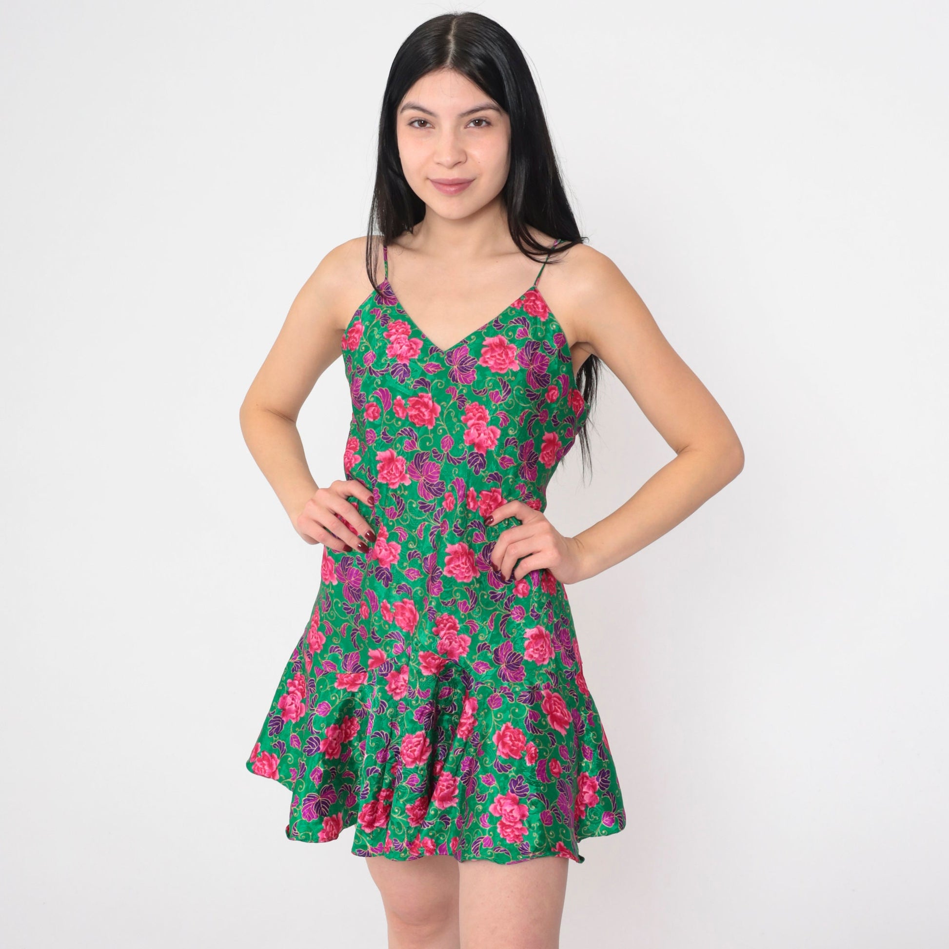 90s Green Floral Mini Slip Dress Drop Waist Small – Shopexile