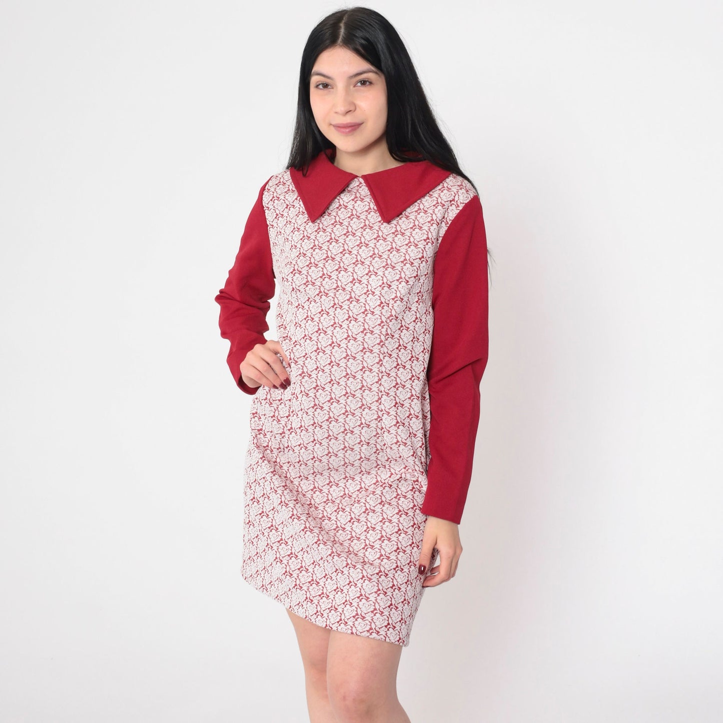 70s Red Heart Floral Mini Dress Collared Long Sleeve Shift Medium M