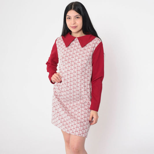 70s Red Heart Floral Mini Dress Collared Long Sleeve Shift Medium M