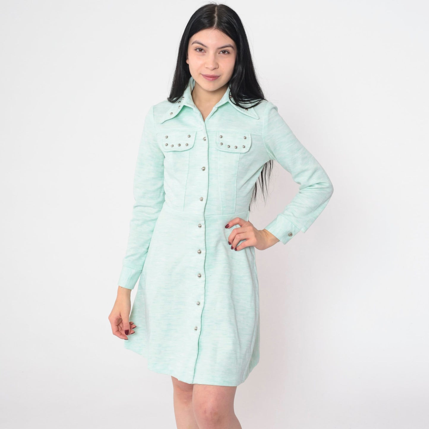 70s Studded Mint Button-Up Minidress Long Sleeve Collared Extra Small