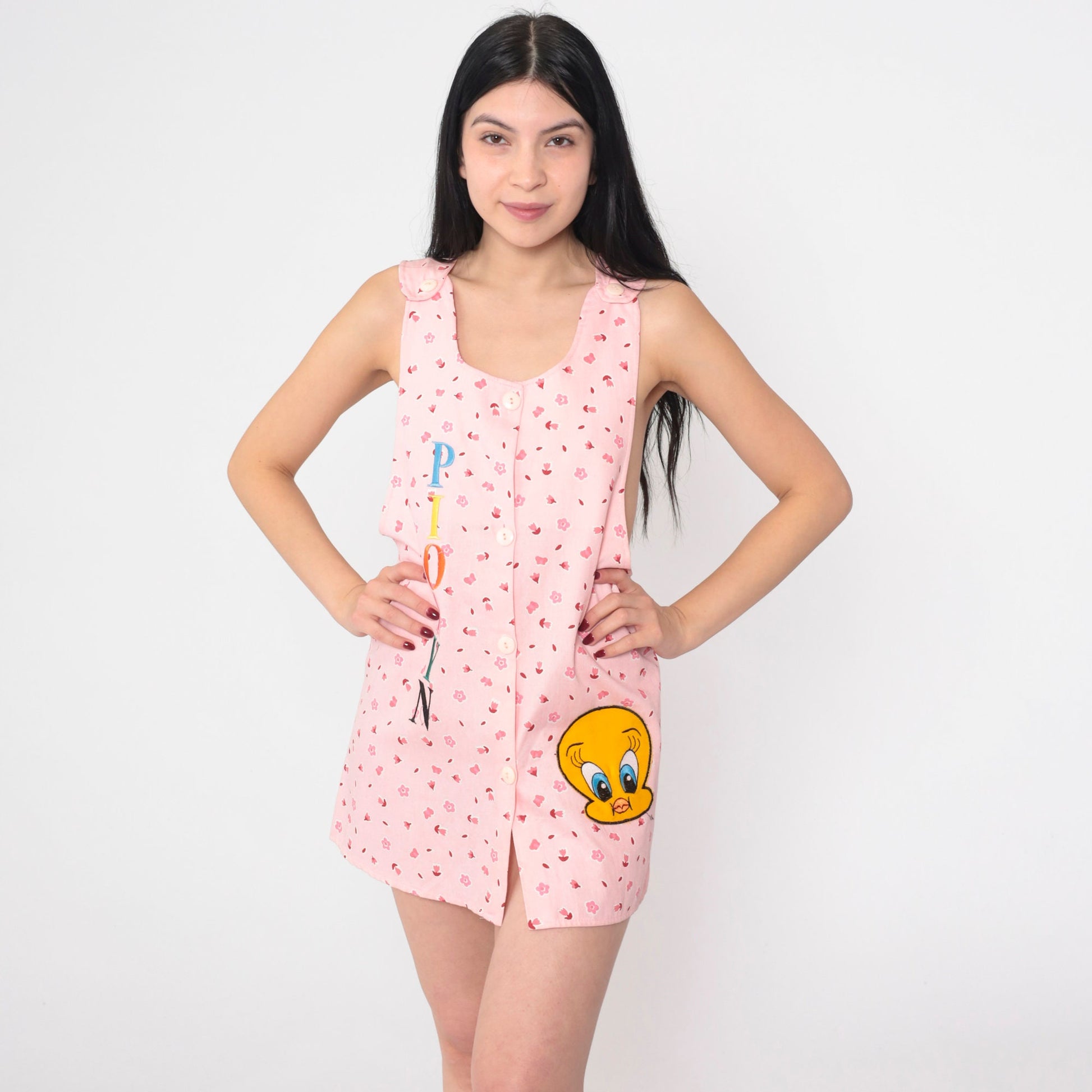 90s Tweety Bird Piolyn Floral Mini Dress Pink Sleeveless Button-Up Extra Small