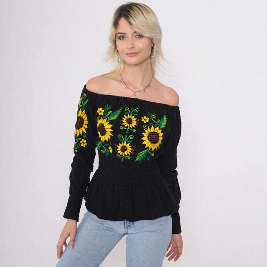 90s Mexican Embroidered Blouse Black Off-Shoulder Sunflower Smocked Small