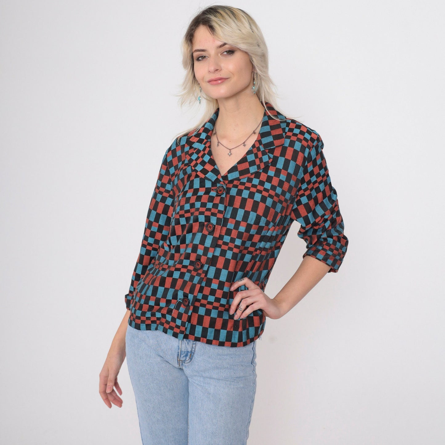 90s Checkered Blazer Black Blue Burnt Orange Op Art Print Medium