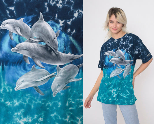 Y2K Sea World San Antonio Tie Dye Dolphin Graphic Tee Blue Cotton Medium
