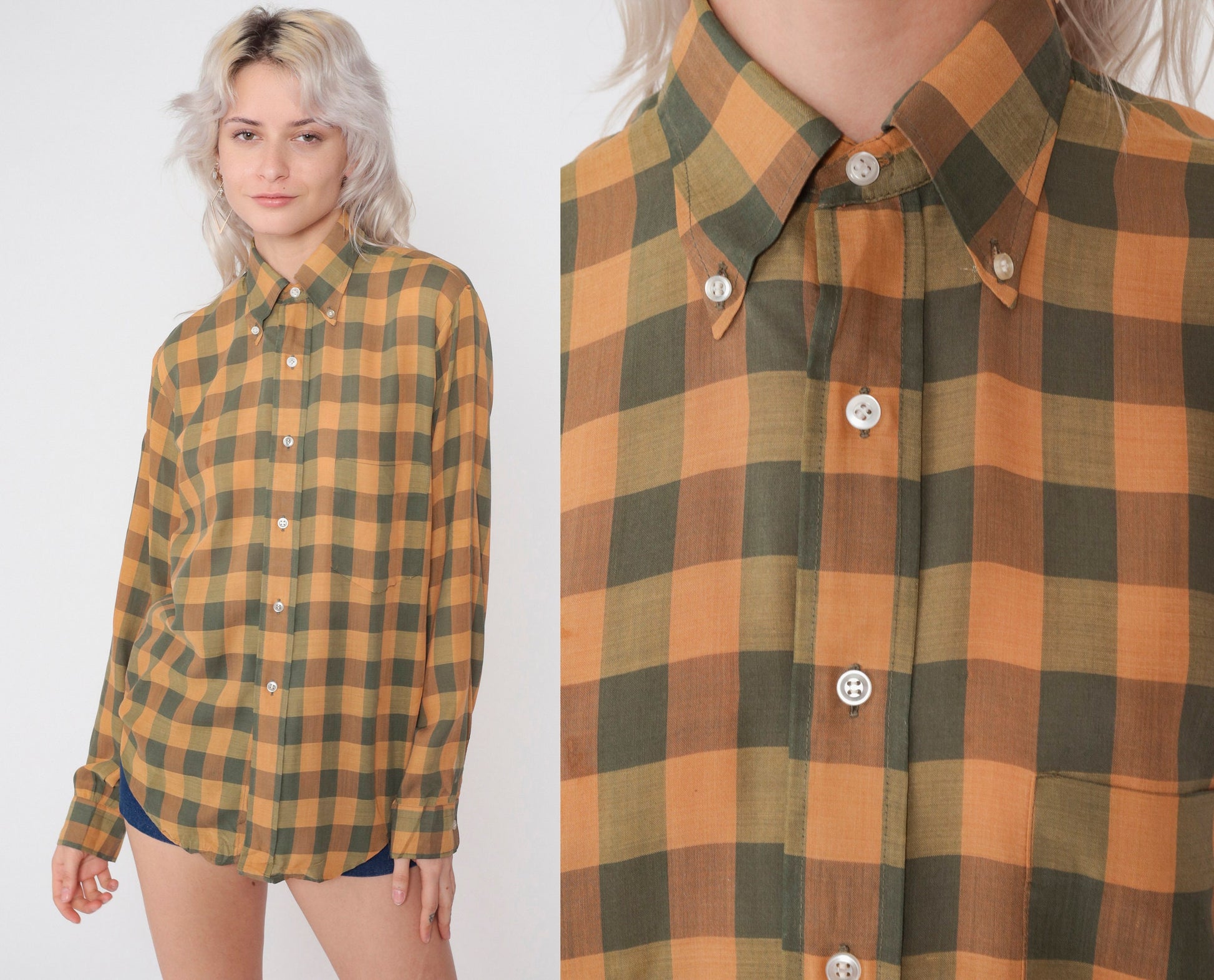 70s Buffalo Plaid Button-Up Shirt Orange Grey Collared Long Sleeve Men's Small