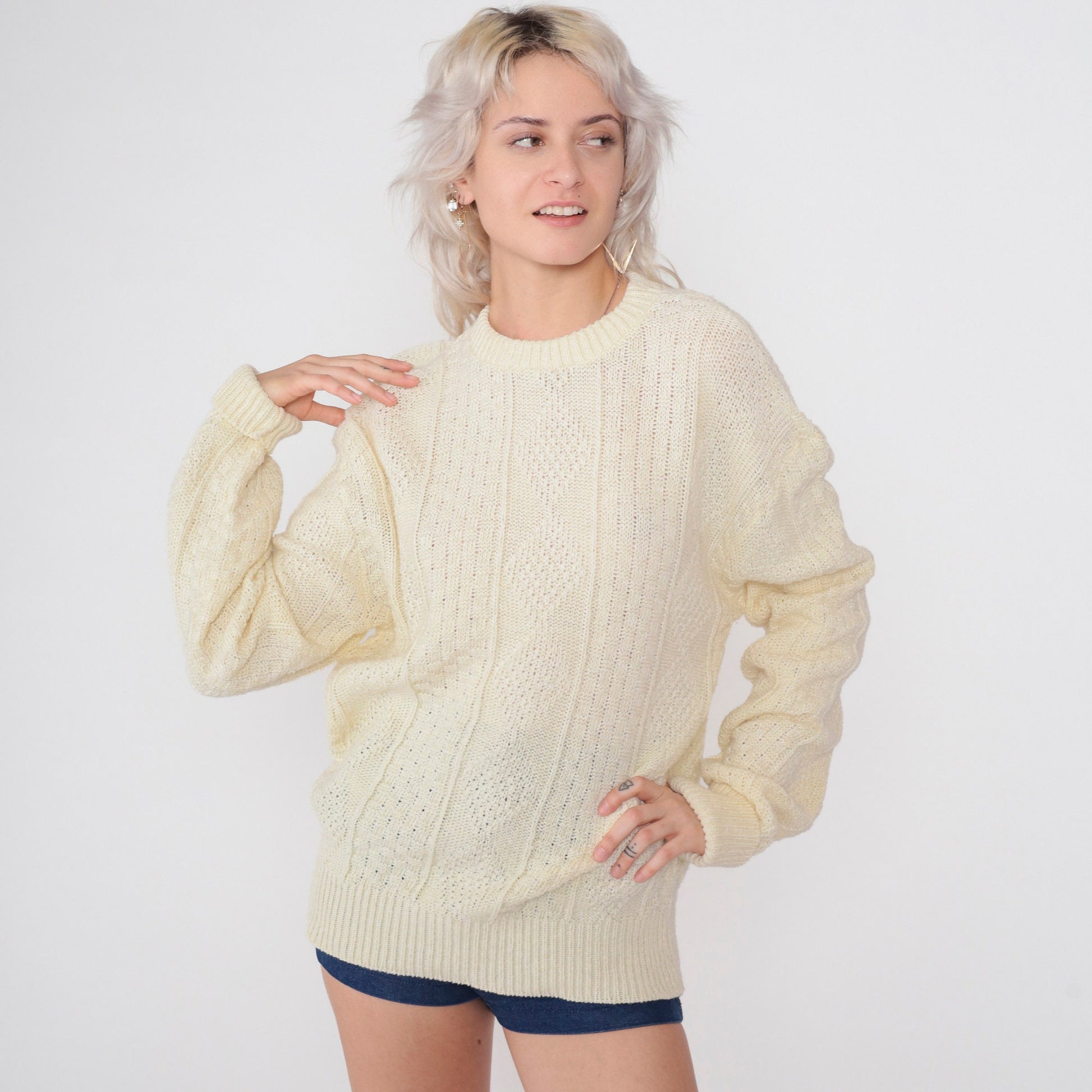 80s Cream Diamond Knit Pullover Sweater Textured Crewneck Large