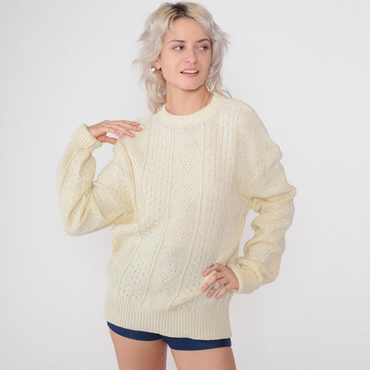 80s Cream Diamond Knit Pullover Sweater Textured Crewneck Large