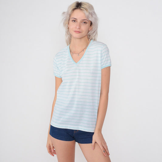 80s Striped V-Neck T-Shirt Baby Blue White Cotton Ringer Tee Medium