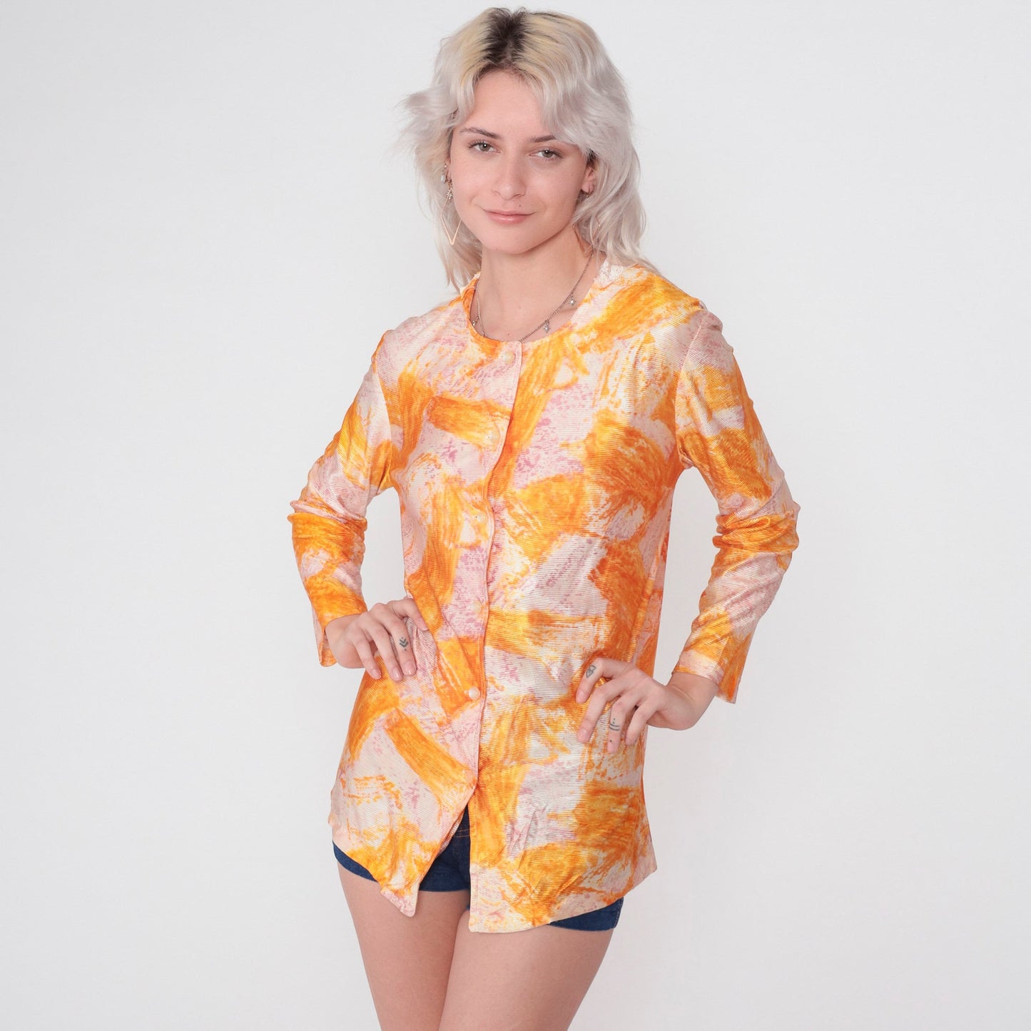 70s Abstract Brushstroke Print Blouse Long Sleeve Button Up Orange Purple Medium