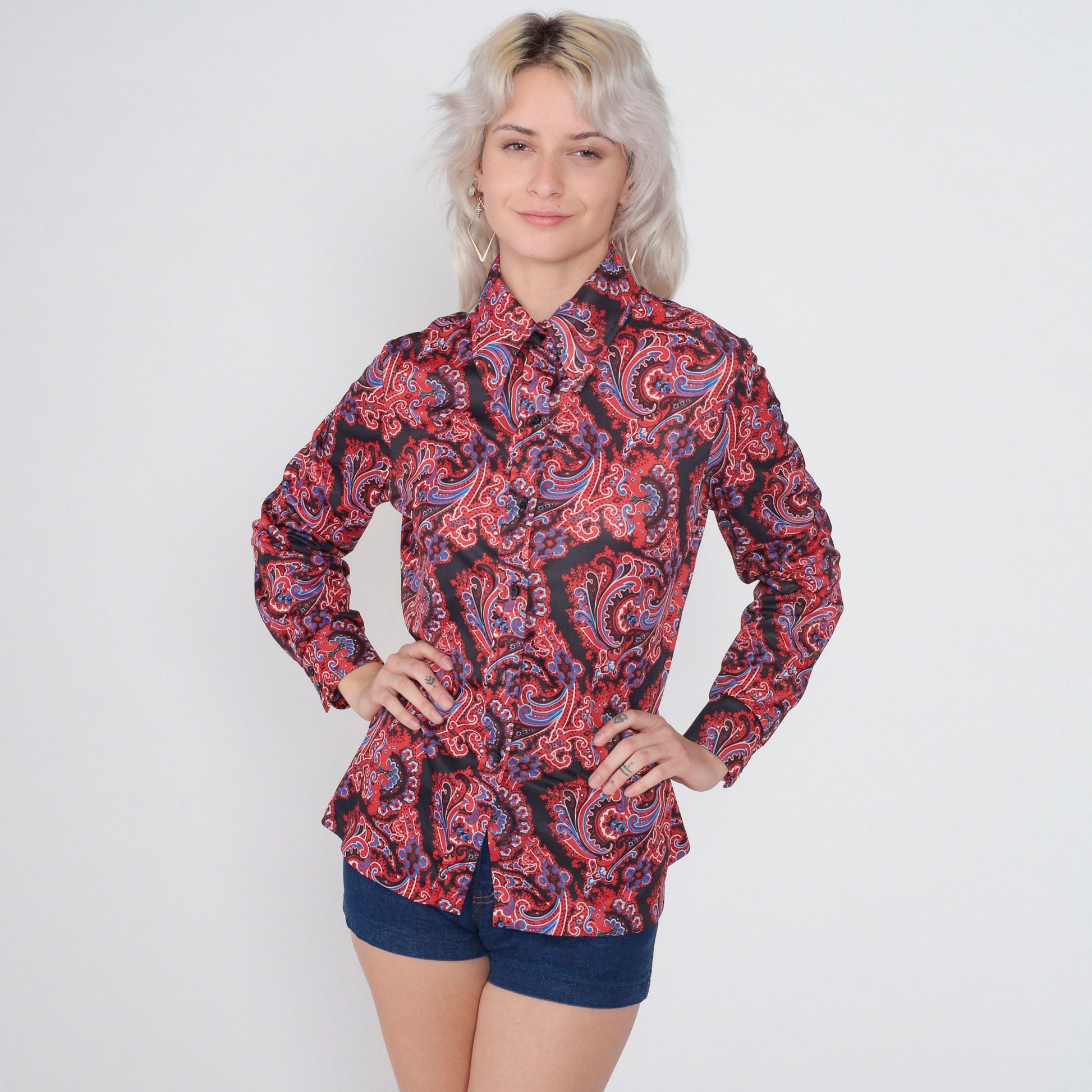 70s Disco Paisley Print Button-Up Blouse Long Sleeve Pointed Collar Black Red Blue Medium