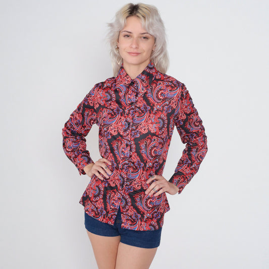 70s Disco Paisley Print Button-Up Blouse Long Sleeve Pointed Collar Black Red Blue Medium