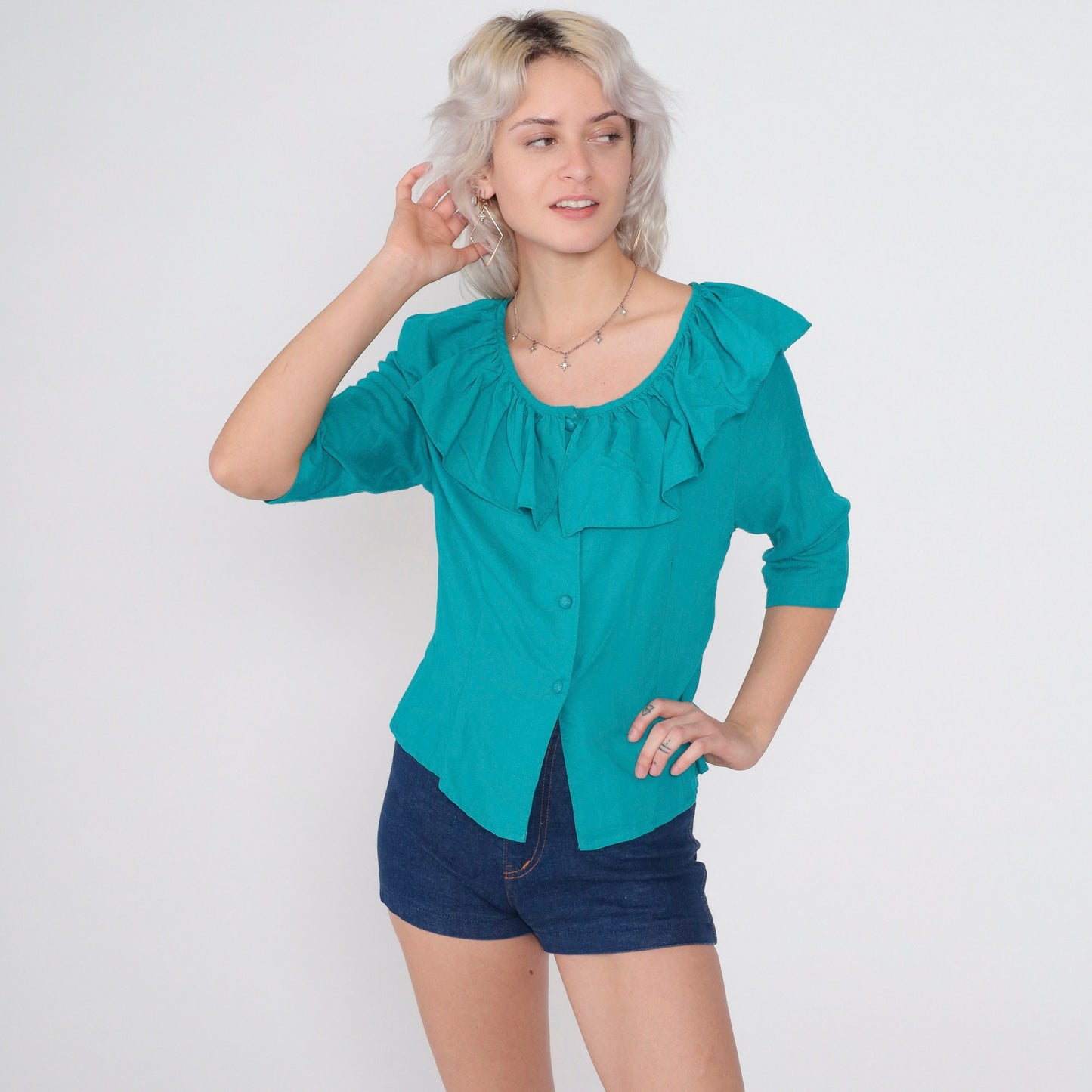 80s Teal Ruffled Neckline Button-Up Blouse 3/4 Sleeve Medium