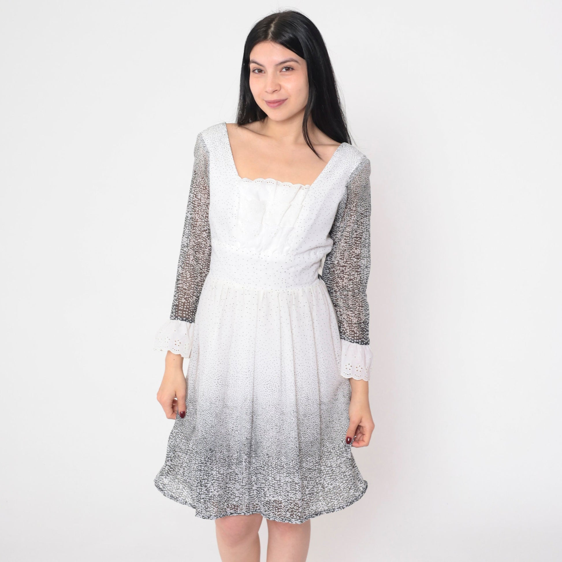 70s Black White Eyelet Lace Mini Dress Long Sleeve – Shopexile