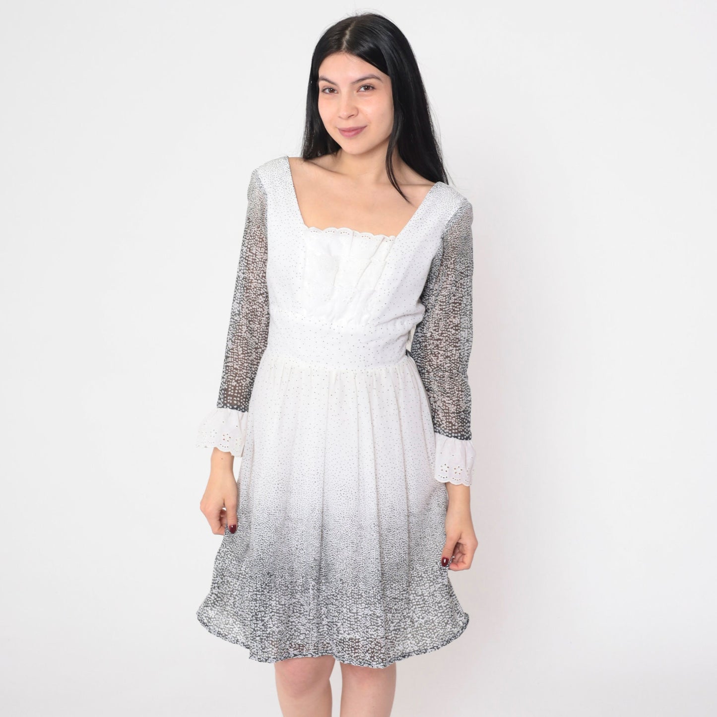 70s Black and White Eyelet Lace Mini Dress Long Sleeve Bow Small Medium