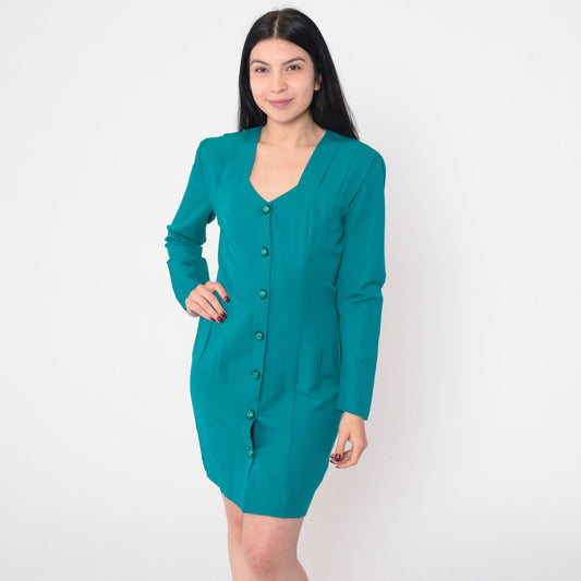 90s All That Jazz Teal Mini Dress Button-Up Long Sleeve V-Neck Small S