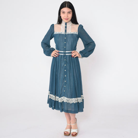 70s Gunne Sax Prairie Midi Dress Blue Lace Puff Sleeve High Waist Extra Small