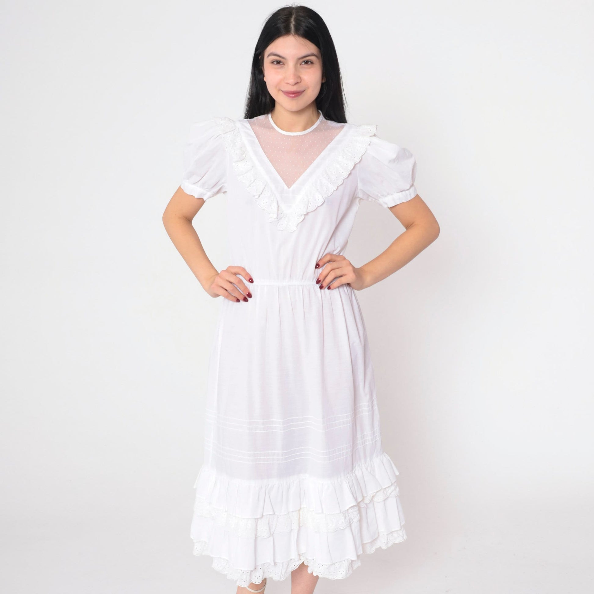 70s Jody White Eyelet Midi Dress Puff Sleeve Lace Yoke Small