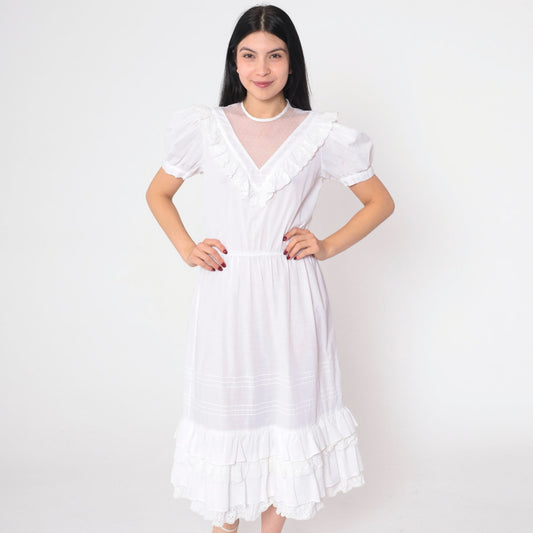 70s Jody White Eyelet Midi Dress Puff Sleeve Lace Yoke Small