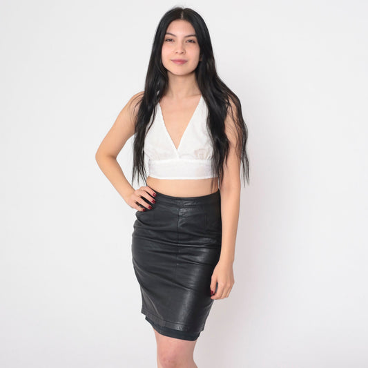 80s Bermans Black Leather Mini Skirt High Waist Pencil Extra Small