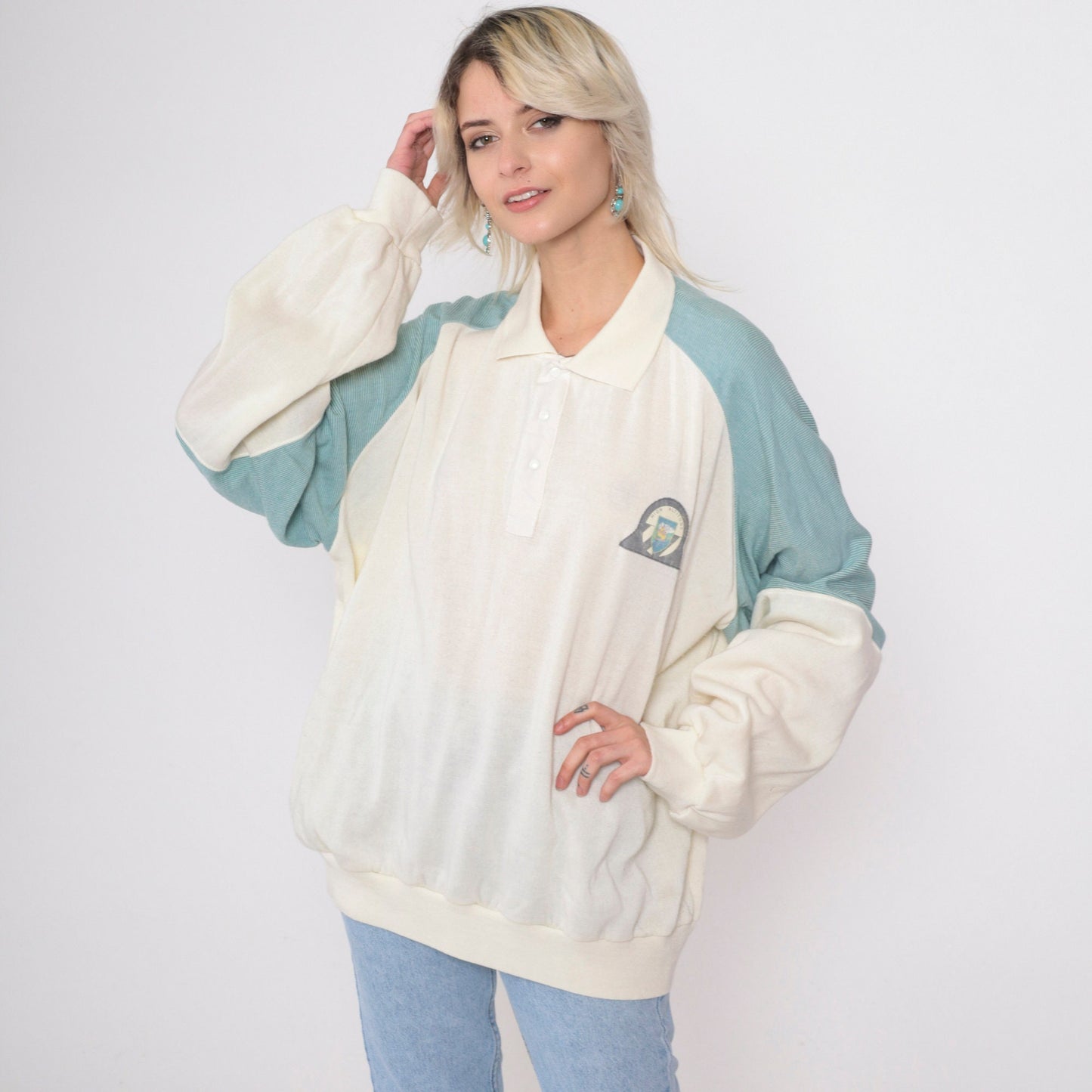 80s High Altitude Castle Mountain Raglan Sweatshirt Cream Striped Sleeve XXL