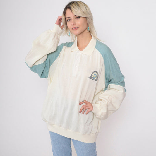 80s High Altitude Castle Mountain Raglan Sweatshirt Cream Striped Sleeve XXL
