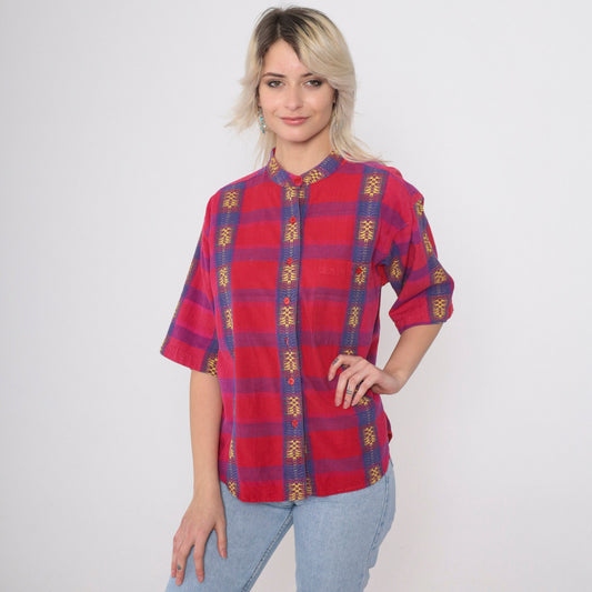 90s Backroad Blues Checkered Shirt Red Purple Geometric Embroidery Mandarin Collar Small