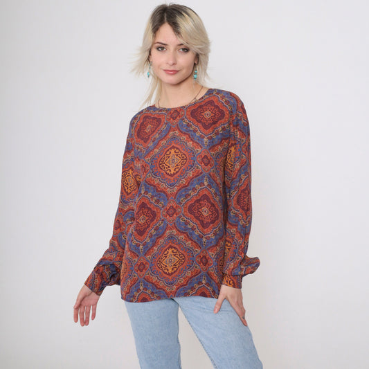 90s Liz Claiborne Geometric Print Blouse Back Button Long Sleeve Small 6