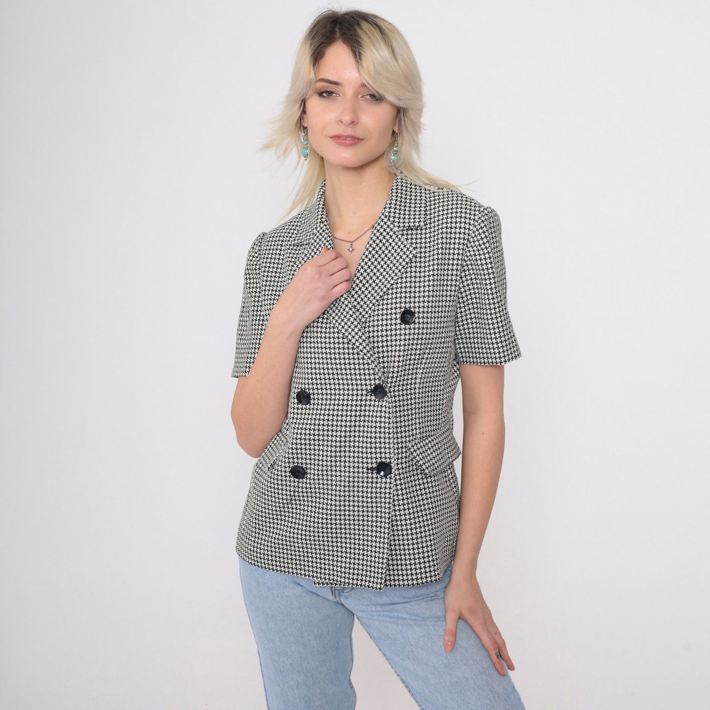 90s Houndstooth Double Breasted Blouse Black White Checkered Button Up Small