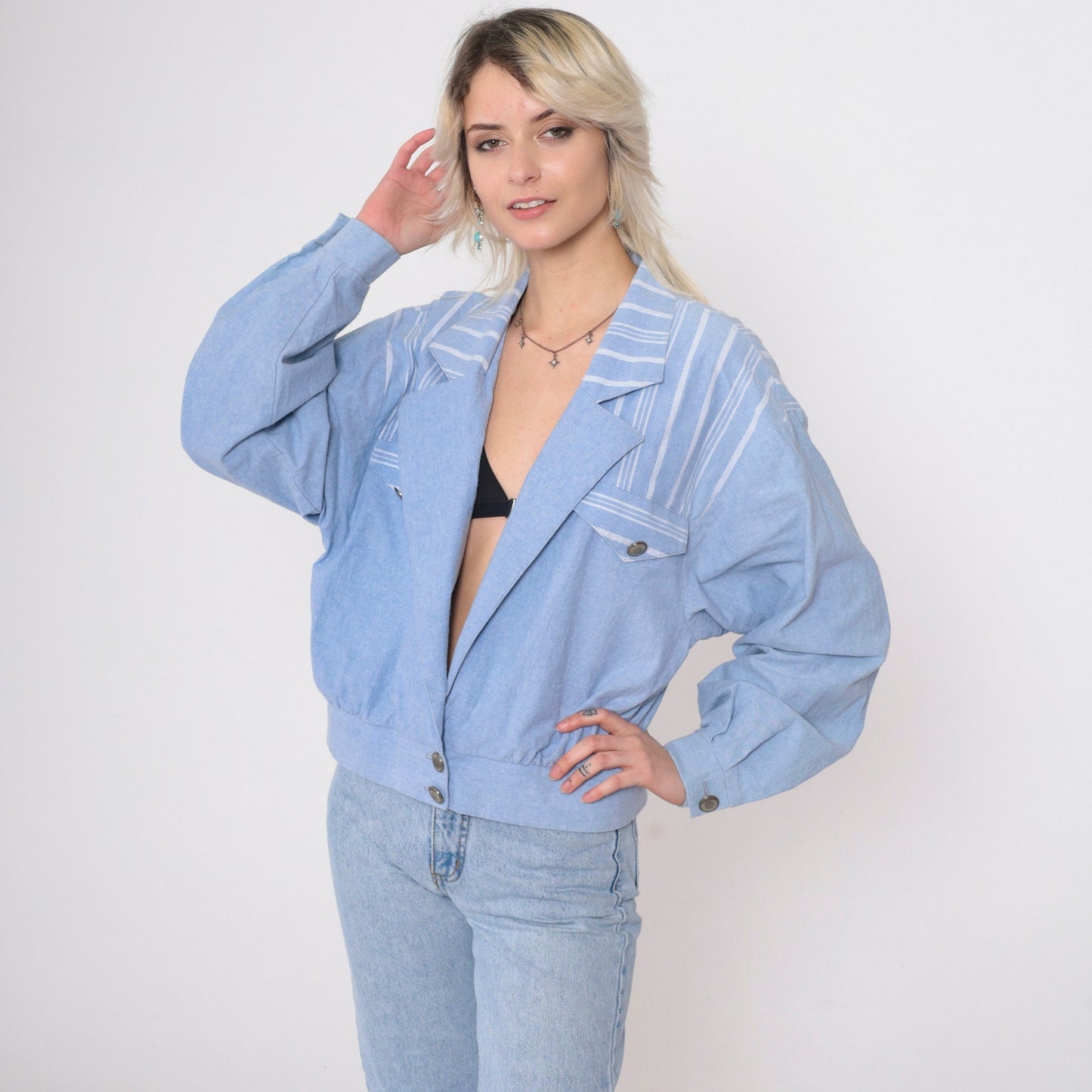90s Ali Miles Chambray Blazer Blue Striped Deep V Neck Button Jacket Large