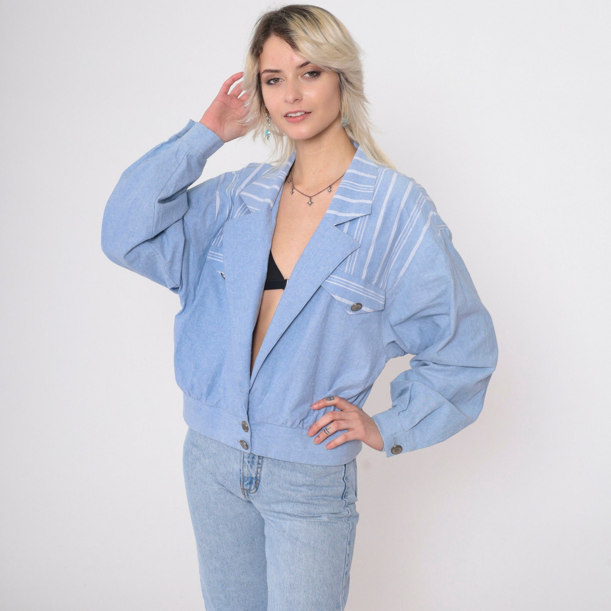 90s Ali Miles Chambray Blazer Blue Striped Deep V Neck Button Jacket Large
