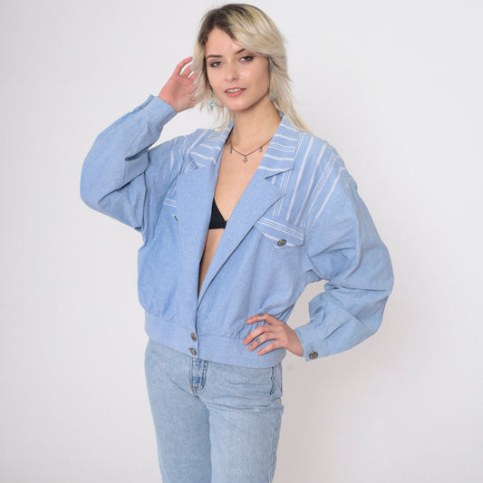 90s Ali Miles Chambray Blazer Blue Striped Deep V Neck Button Jacket Large